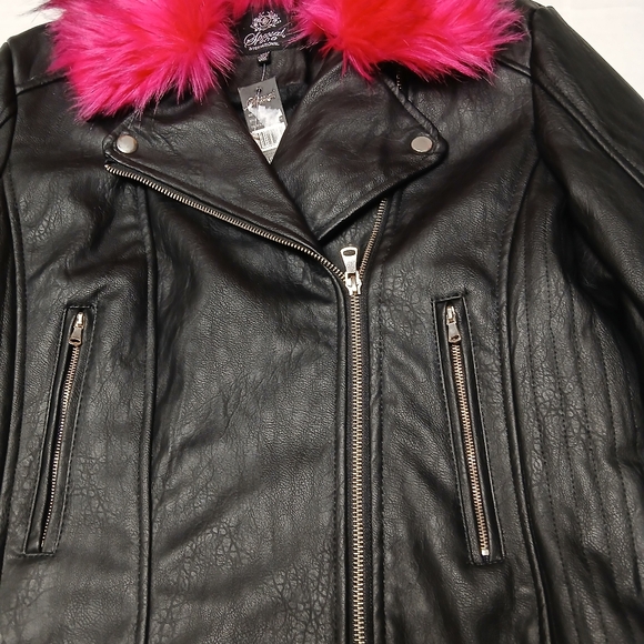 Special One International Black Motorcycle Jacket w/ Pink Faux Fur Collar Size M - Picture 3 of 16